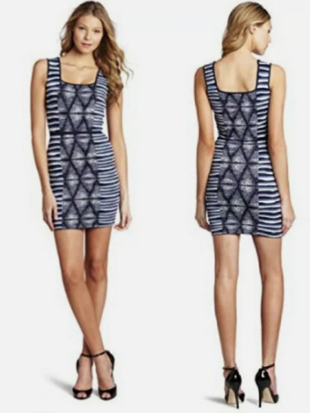 BCBGMaxAzria Hailey Shibori Blue Geometric Print Sleeveless Bandage Mini Dress